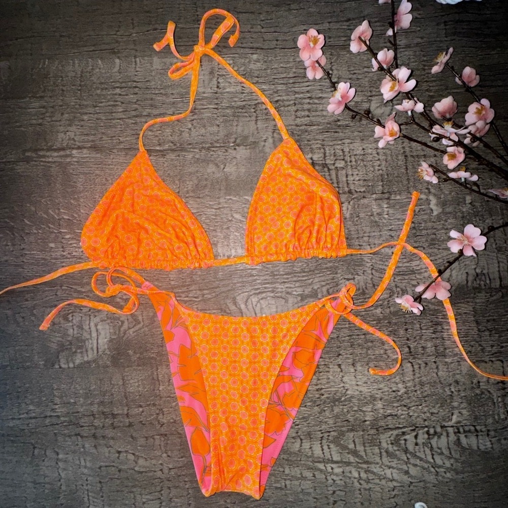 Orange Floral Reversible Triangle Bikini Set Side Tie High Leg L Top M Bottom - Picture 3 of 5